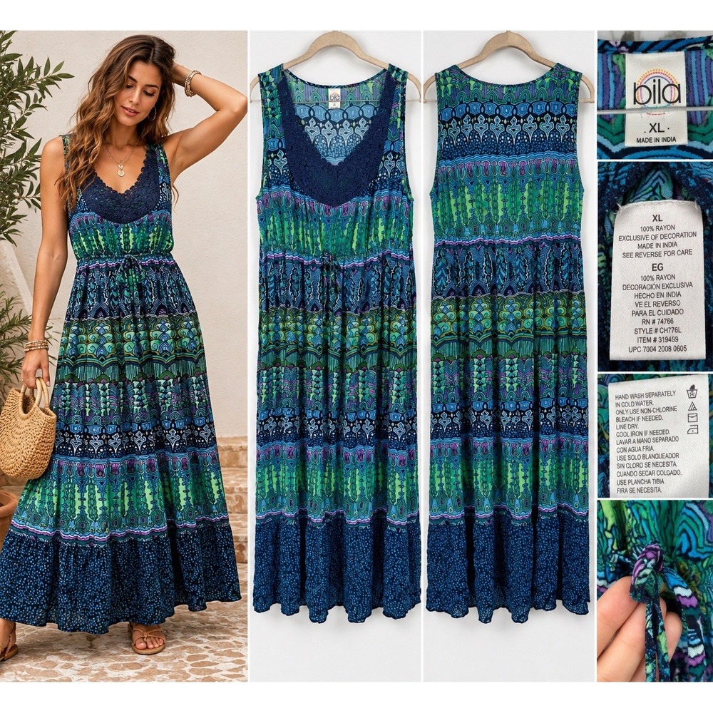 BILA Maxi Dress XL Blue Green Boho Crochet Sleeveless Rayon Festival Drawstring